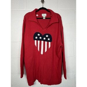 Quacker Factory Patriotic Flag Heart Sweater Red Collared Cottagecore 1X